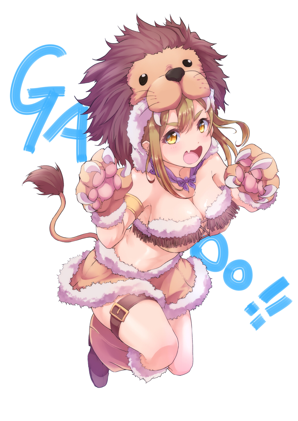 :d animal_costume bandeau bangs boots breasts brown_hair cleavage fang fangs fringe_trim full_body fur-trimmed_bandeau fur-trimmed_boots fur-trimmed_gloves fur-trimmed_skirt fur_trim gao gloves highres kanabun knee_boots kunikida_hanamaru large_breasts lion_costume lion_hood lion_tail long_hair looking_at_viewer love_live! love_live!_sunshine!! neckerchief open_mouth paw_gloves paws purple_neckwear smile solo tail thick_eyebrows thigh_strap v-shaped_eyebrows white_background yellow_eyes