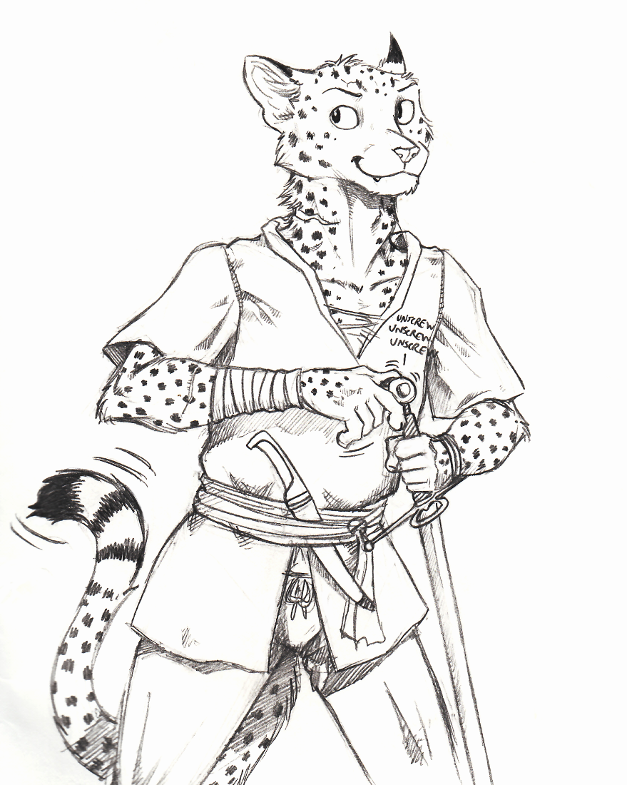 0laffson 2018 5_fingers anthro cheetah feline fur holding_object holding_weapon mammal melee_weapon sketch smile solo spots spotted_fur sword traditional_media_(artwork) weapon