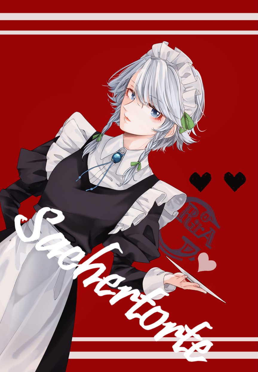 apron bangs black_dress blue_eyes bow braid commentary_request cover cowboy_shot dress eyebrows_visible_through_hair green_bow hair_between_eyes hair_bow heart highres holding holding_tray izayoi_sakuya jpeg_artifacts juliet_sleeves lipstick long_sleeves maid maid_apron maid_headdress makeup pink_lips pink_lipstick puffy_sleeves red_background short_hair silver_hair simple_background solo souta_(karasu_no_ouchi) standing swept_bangs touhou tray twin_braids waist_apron white_apron wing_collar