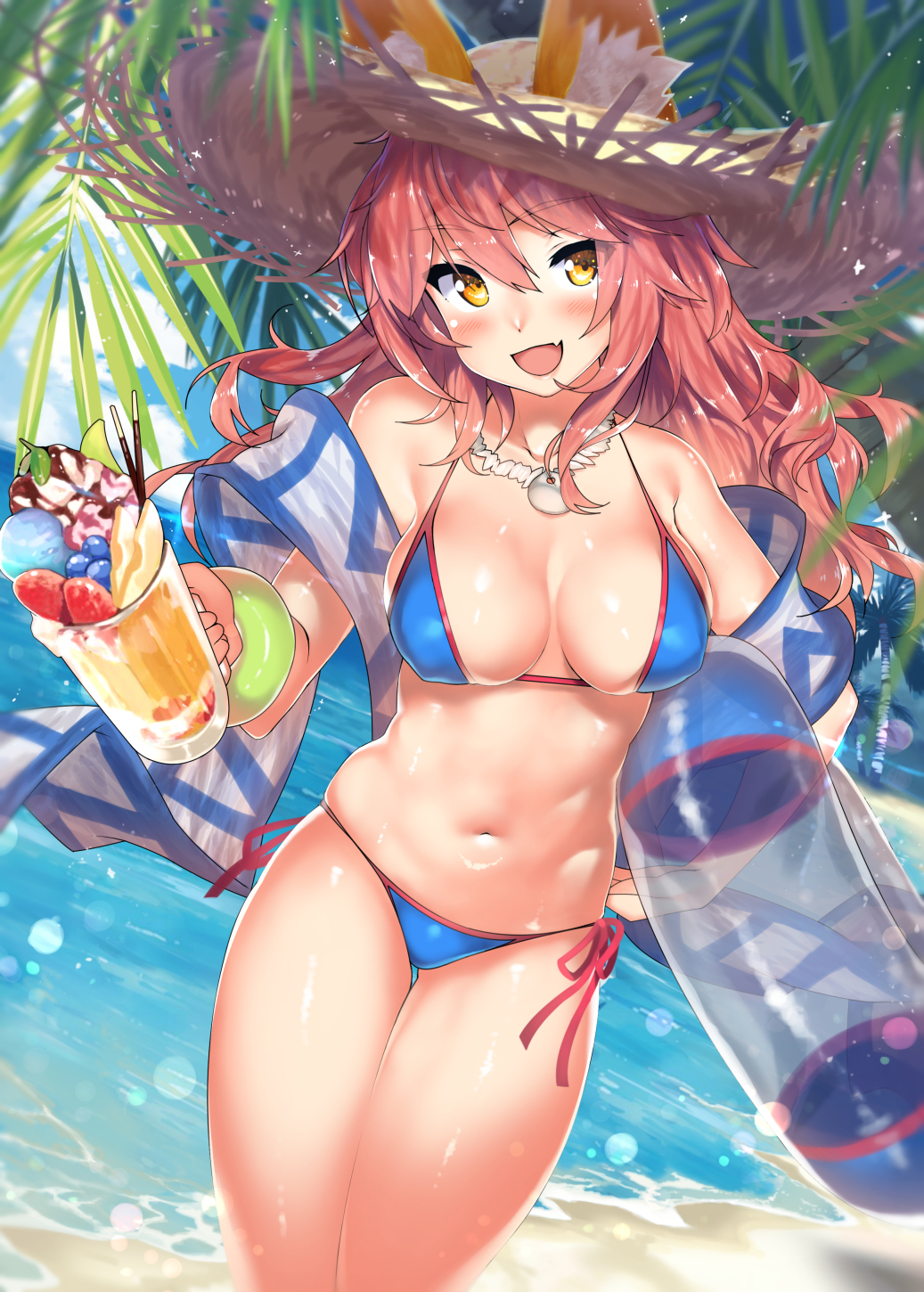 animal_ear_fluff animal_ears bangs bare_shoulders beach bikini blue_bikini blue_sky blush bracelet breasts cleavage cloud collarbone commentary_request cup day ears_through_headwear eyebrows_visible_through_hair fang fate/grand_order fate_(series) fox_ears fox_girl hair_between_eyes hat highres holding holding_cup holding_innertube innertube jewelry kawai long_hair looking_at_viewer medium_breasts navel necklace ocean open_mouth outdoors palm_tree pink_hair sand side-tie_bikini sky smile solo standing straw_hat sun_hat swimsuit tamamo_(fate)_(all) tamamo_no_mae_(swimsuit_lancer)_(fate) tree water yellow_eyes