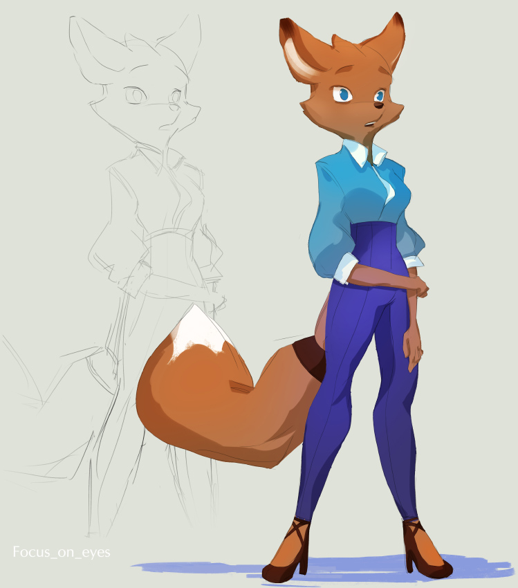 2016 anthro blue_eyes canine clothed clothing digital_media_(artwork) dipstick_tail eyebrows female focus_on_eyes footwear fox fully_clothed fur high_heels mammal multicolored_tail pants shirt shoes sketch solo surprise