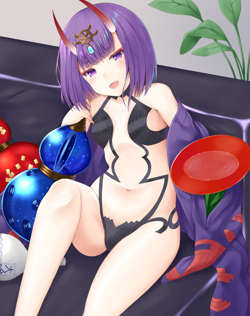 :d alcohol bangs bare_shoulders commentary_request couch cup eyebrows_visible_through_hair fangs fate/grand_order fate_(series) gourd head_tilt headpiece horns indoors japanese_clothes kimono knee_up looking_at_viewer misui navel off_shoulder on_couch oni oni_horns open_clothes open_kimono open_mouth plant purple_eyes purple_hair purple_kimono revealing_clothes sakazuki sake short_eyebrows shuten_douji_(fate/grand_order) sitting smile solo thick_eyebrows