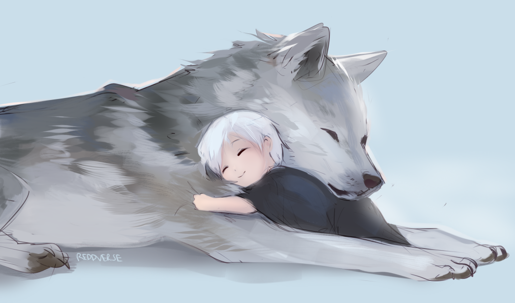 ambiguous_gender bedding black_nose blanket canine child cuddling digital_media_(artwork) duo eyes_closed feral fire_emblem fur grey_ears grey_fur hair henry_(fire_emblem) hug human larger_ambiguous lying male mammal nintendo on_front pawpads reddverse signature simple_background size_difference smaller_male smile video_games white_hair wolf young