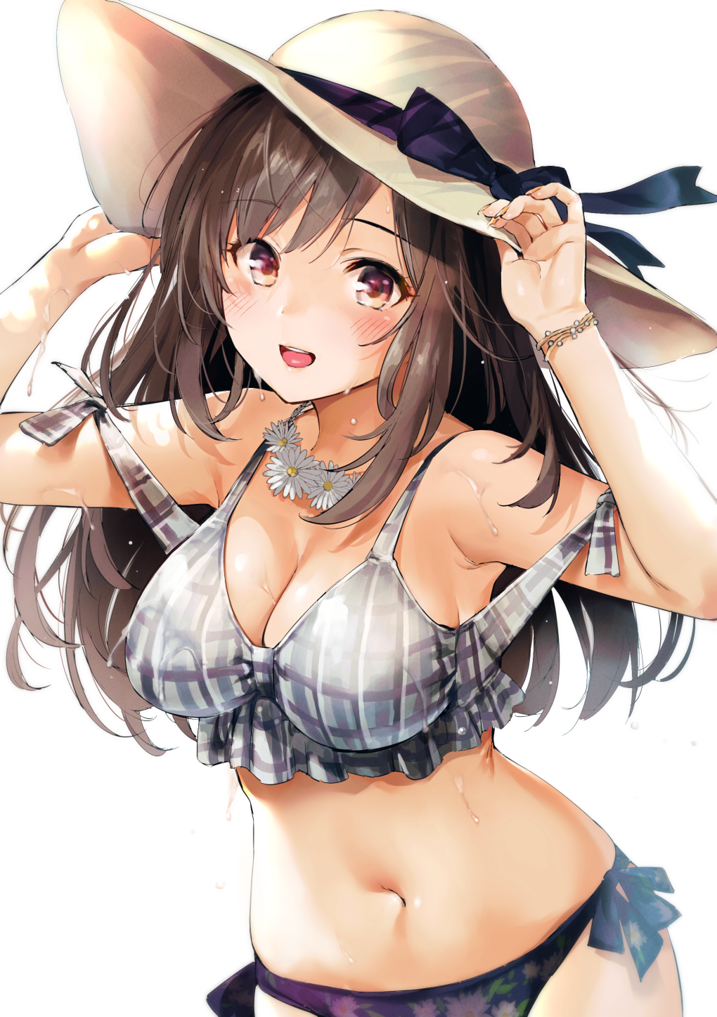 armpits bangs bare_shoulders bikini blush bow bracelet breasts brown_eyes brown_hair cleavage collarbone commentary eyebrows_visible_through_hair floral_print flower flower_necklace grey_bikini_top hair_bow hands_on_headwear hat highres hips idolmaster idolmaster_shiny_colors jewelry large_breasts long_hair looking_at_viewer navel necklace open_mouth patterned_clothing plaid plaid_bikini purple_bikini_bottom revision side-tie_bikini sidelocks simple_background smile solo stomach sun_hat swept_bangs swimsuit tsukioka_kogane umakuchi_shouyu wet wristband