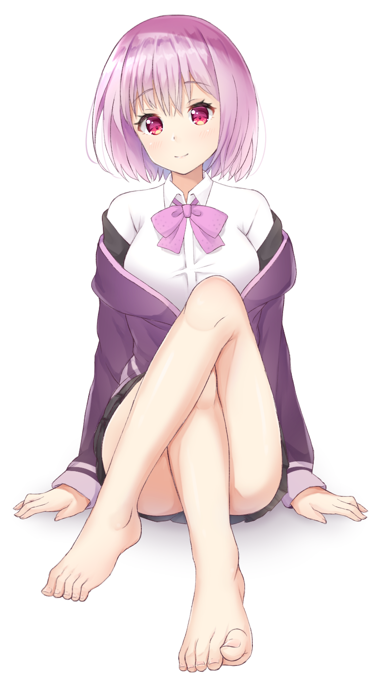 bad_id bad_pixiv_id bangs bare_legs barefoot black_skirt blush bow closed_mouth collared_shirt commentary_request crossed_legs eyebrows_visible_through_hair feet fingernails hair_between_eyes head_tilt highres jacket legs long_sleeves miniskirt off_shoulder pink_bow pink_hair pleated_skirt purple_jacket red_eyes seventeen_(st17215) shadow shinjou_akane shirt short_hair sitting skirt sleeves_past_wrists smile solo ssss.gridman toenails toes white_background white_shirt