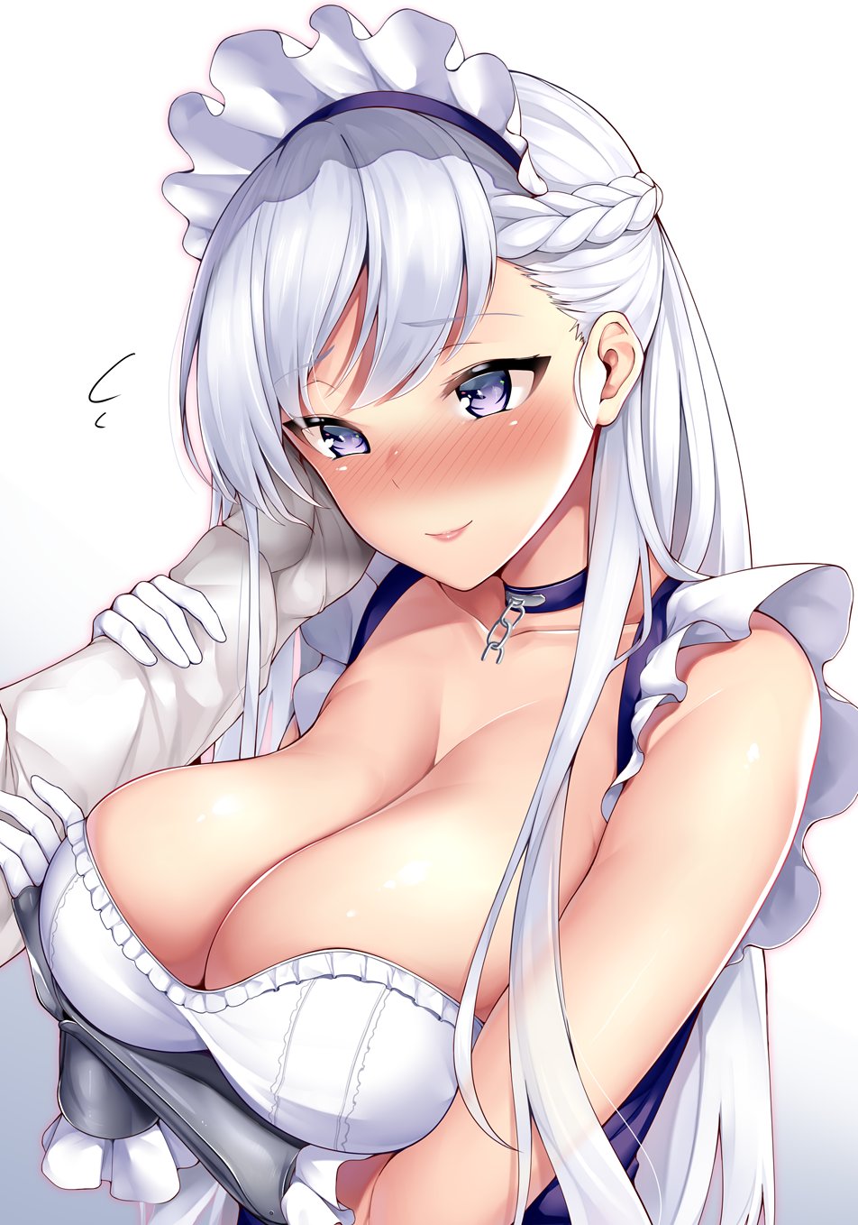 1girl 3104_(3104milkshake) apron arm_guards azur_lane bangs belfast_(azur_lane) blue_eyes blush braid breasts chain cleavage collar collarbone commentary_request dress eyebrows_visible_through_hair french_braid frilled_gloves frills gloves gradient gradient_background highres holding_another's_arm jacket large_breasts long_hair maid maid_headdress shiny shiny_skin silver_hair simple_background skindentation smile solo_focus white_gloves white_jacket