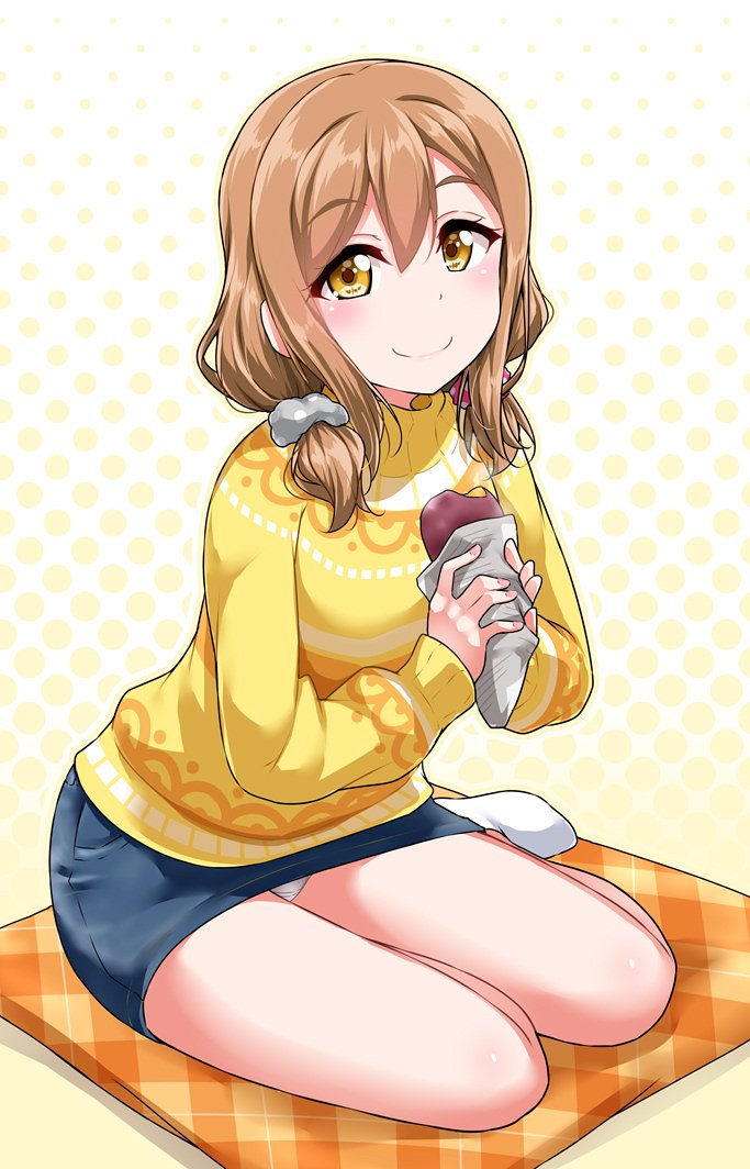 alternate_hairstyle bangs blue_skirt blush casual commentary_request cushion denim denim_skirt eyebrows_visible_through_hair food grey_scrunchie hair_ornament hair_scrunchie halftone halftone_background holding holding_food kunikida_hanamaru long_hair long_sleeves looking_at_viewer love_live! love_live!_sunshine!! low_twintails miniskirt no_shoes panties pantyshot pantyshot_(sitting) pink_scrunchie polka_dot polka_dot_scrunchie scrunchie sidelocks sitting skirt smile socks solo sweater sweet_potato turtleneck turtleneck_sweater twintails underwear white_legwear white_panties yakiimo yellow_eyes yellow_sweater yokozuwari yopparai_oni