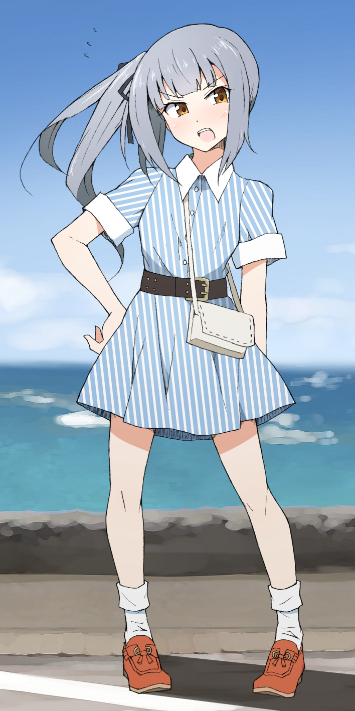 alternate_costume back belt blue_dress blue_sky blush casual collared_dress day dress full_body graphite_(medium) grey_hair hair_ribbon hand_on_hip highres kantai_collection kasumi_(kantai_collection) long_hair looking_at_viewer mechanical_pencil nel-c ocean open_mouth pencil ribbon road shadow shoes short_sleeves side_ponytail silver_hair sky socks traditional_media water white_legwear yellow_eyes