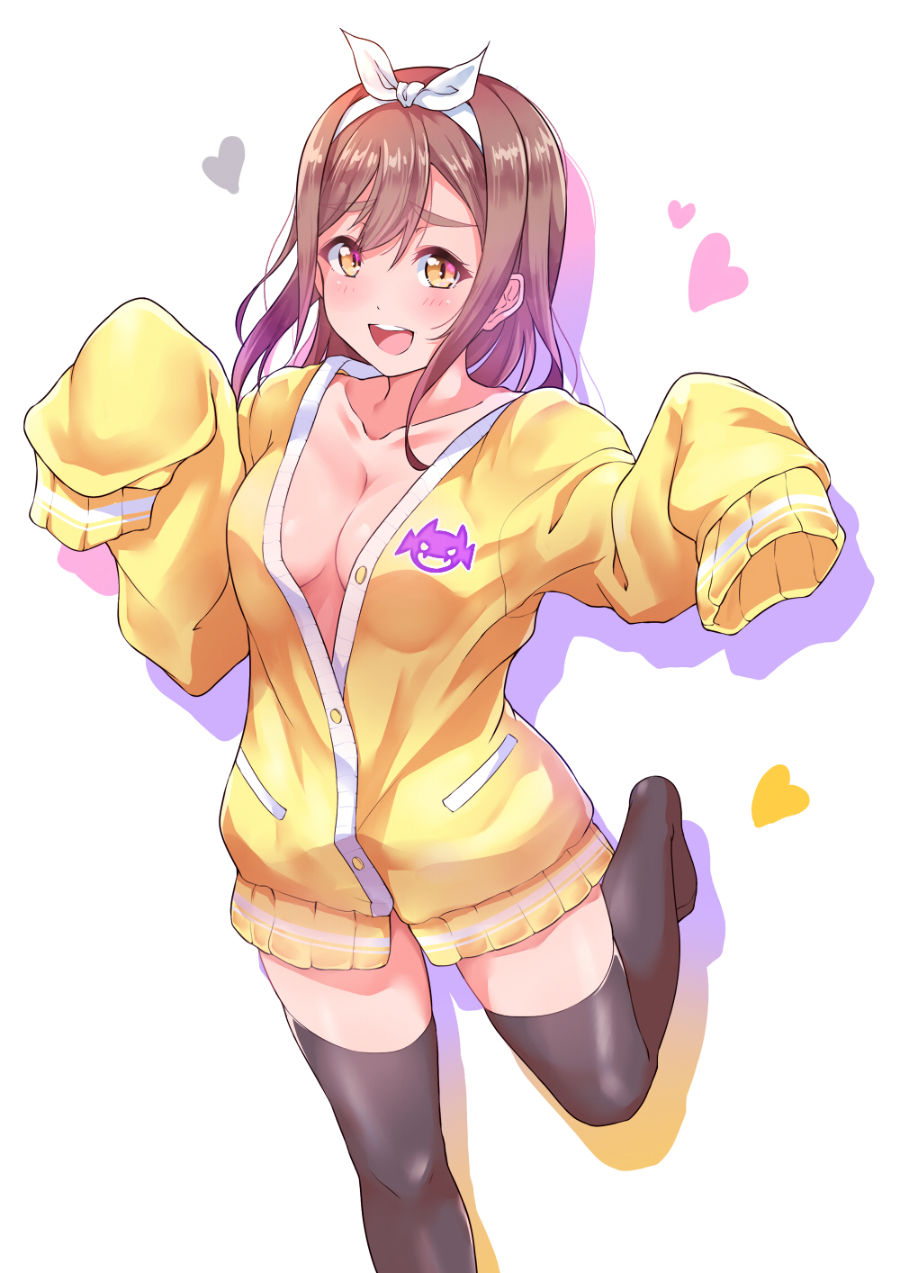 :d bangs black_legwear breasts brown_hair cleavage collarbone drop_shadow hair_ribbon hands_up heart highres kanabun kunikida_hanamaru long_hair long_sleeves looking_at_viewer love_live! love_live!_sunshine!! medium_breasts no_bra no_shirt no_shoes open_mouth partially_unbuttoned ribbon round_teeth sleeves_past_fingers sleeves_past_wrists slit_pupils smile solo standing teeth thighhighs upper_teeth white_background white_ribbon yellow_cardigan yellow_eyes