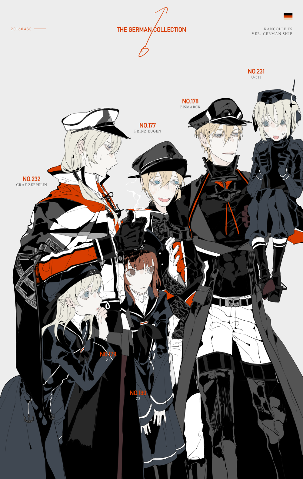 anchor anchor_hair_ornament androgynous bangs belt bismarck_(kantai_collection) black_gloves black_ribbon blonde_hair blue_eyes blush boots brown_eyes brown_hair capelet carrying character_name coat commentary copyright_name crossdressing cup dated dress embarrassed eyelashes garrison_cap genderswap genderswap_(ftm) gloves graf_zeppelin_(kantai_collection) grey_eyes hair_between_eyes hair_ornament hair_over_shoulder hand_on_another's_arm hat height_difference highres kantai_collection lifting_person long_hair male_focus military military_hat military_uniform multiple_boys mzet naval_uniform open_mouth otoko_no_ko peaked_cap prinz_eugen_(kantai_collection) ribbon sailor_collar sailor_dress sailor_hat short_hair sidelocks smile sweatdrop teacup thigh_boots thighhighs u-511_(kantai_collection) uniform w_arms white_gloves z1_leberecht_maass_(kantai_collection) z3_max_schultz_(kantai_collection)