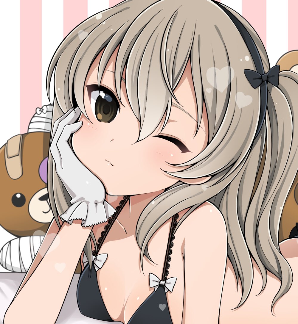 :3 arm_support bandages bandaid bangs black_bra black_legwear boko_(girls_und_panzer) bow bow_bra bra breasts brown_eyes chin_rest commentary_request girls_und_panzer gloves hair_ribbon heart lace lace-trimmed_bra light_brown_hair long_hair looking_at_viewer lying on_stomach one_eye_closed pink_background ribbon ruruepa shimada_arisu side_ponytail small_breasts smile solo striped striped_background stuffed_animal stuffed_toy teddy_bear underwear underwear_only vertical-striped_background vertical_stripes white_gloves