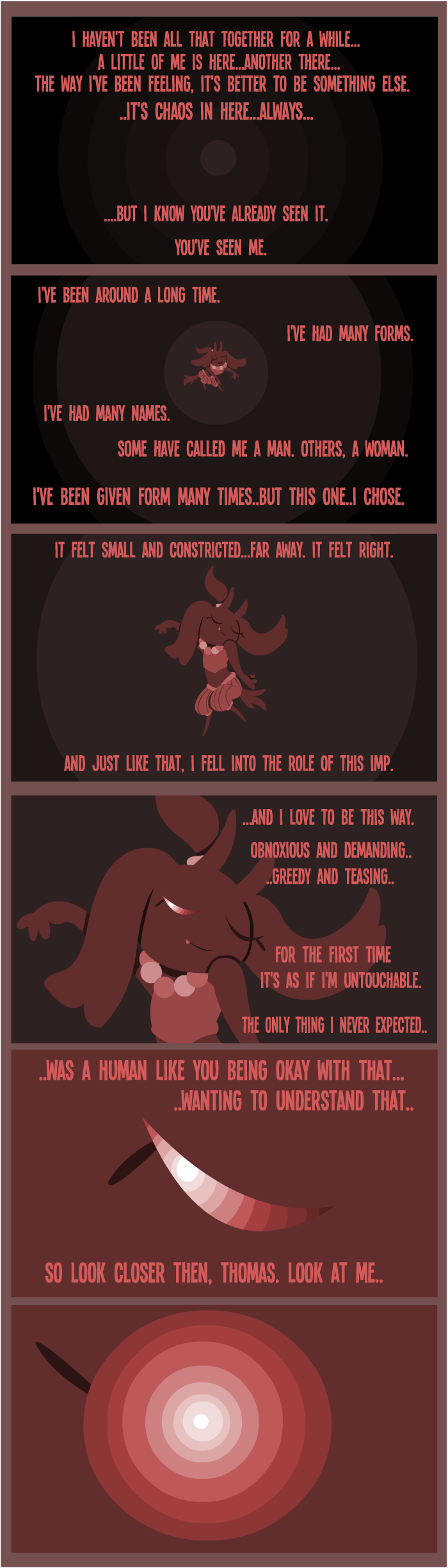 2018 clothed clothing comic dancing demon dialogue digital_media_(artwork) english_text fully_clothed fur hi_res horn imp long_ears looking_at_viewer monster red_text shane_frost simple_background smile solo standing teeth text