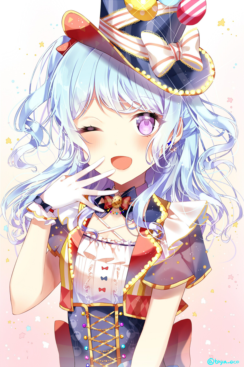 ;d back_bow balloon bang_dream! bangs blue_hair blush bow bowtie center_frills corset cropped_vest detached_collar eyebrows_visible_through_hair gloves hair_bow hand_to_own_mouth hat hat_ribbon highres long_hair looking_at_viewer matsubara_kanon multicolored multicolored_clothes one_eye_closed one_side_up open_mouth red_bow ribbon short_sleeves smile solo striped striped_ribbon taya_5323203 top_hat twitter_username upper_body white_gloves wrist_bow