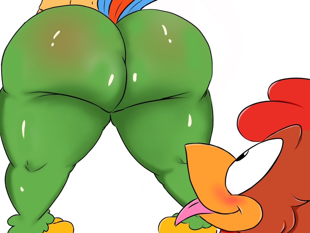 2018 anthro avian beak bird blush bubble_butt butt chicken clothed clothing digital_media_(artwork) disney feathers fur gpassaros_(artist) hair jos&eacute;_carioca male male/male mammal multicolored_tail panchito_pistoles parrot simple_background smile the_three_caballeros thick_thighs toes tongue tongue_out wide_butt wide_eyed wide_hips