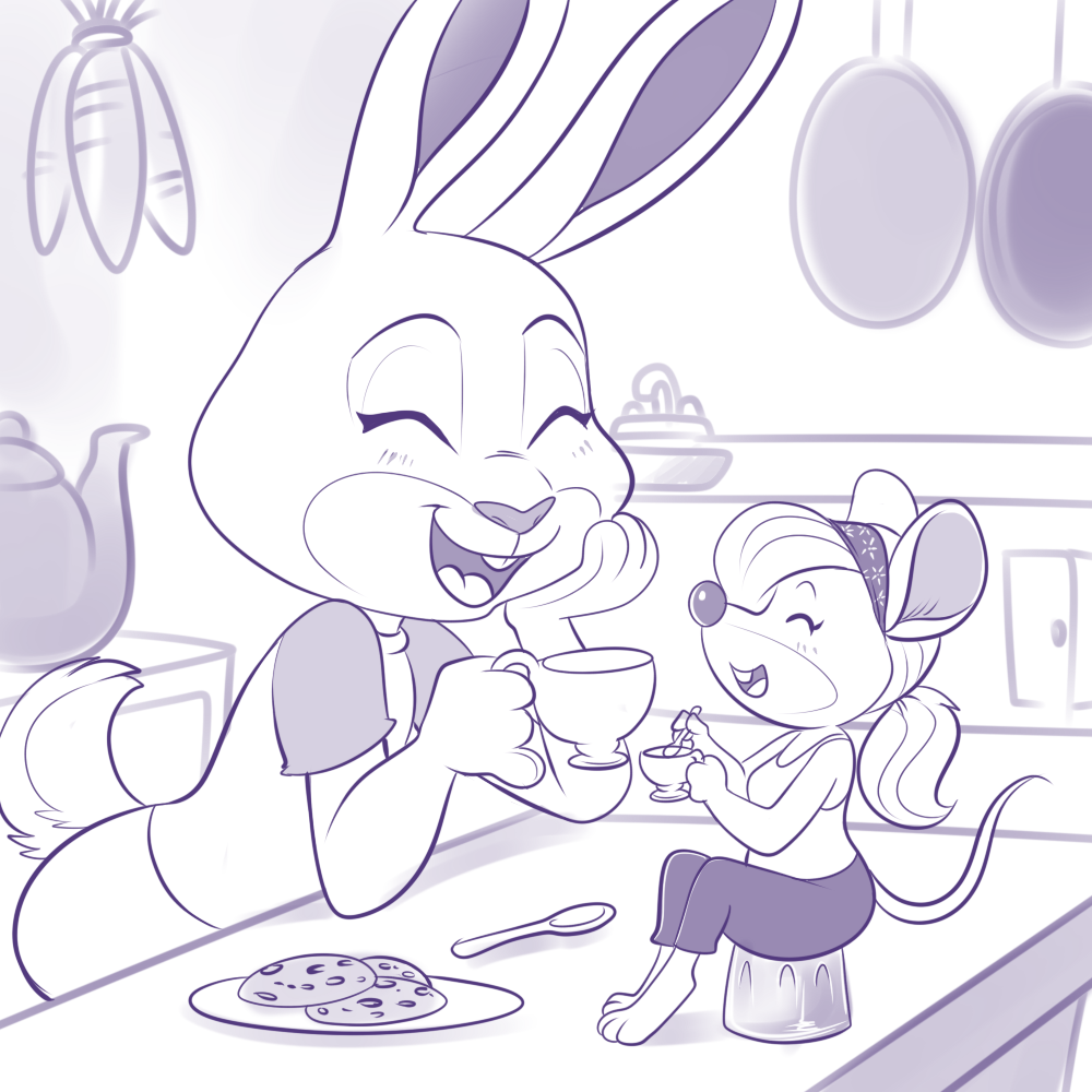 2016 anthro beverage buckteeth carrot chatting clothed clothing cookie cup digital_drawing_(artwork) digital_media_(artwork) disney duo eyelashes female food fur hair happy headband holding_object judy_hopps kitchen lagomorph lonbluewolf mammal mouse open_mouth pan rabbit rodent sink smile spoon stirring table teapot teeth tongue vegetable zootopia