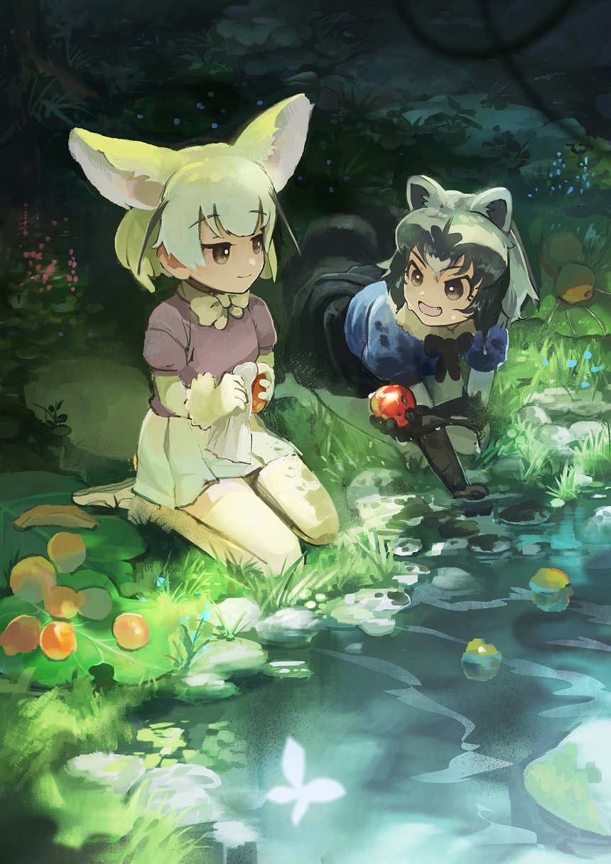 animal_ears apple banana bayashiko blonde_hair bow bowtie commentary common_raccoon_(kemono_friends) dripping elbow_gloves eyebrows_visible_through_hair fang fennec_(kemono_friends) food fox_ears fox_tail fruit fur_collar fur_trim gloves grey_hair highres kemono_friends kneeling multicolored_hair multiple_girls open_mouth pantyhose pleated_skirt puffy_short_sleeves puffy_sleeves raccoon_ears raccoon_tail rag short_hair short_sleeves skirt sweatdrop tail thighhighs washing water wet zettai_ryouiki