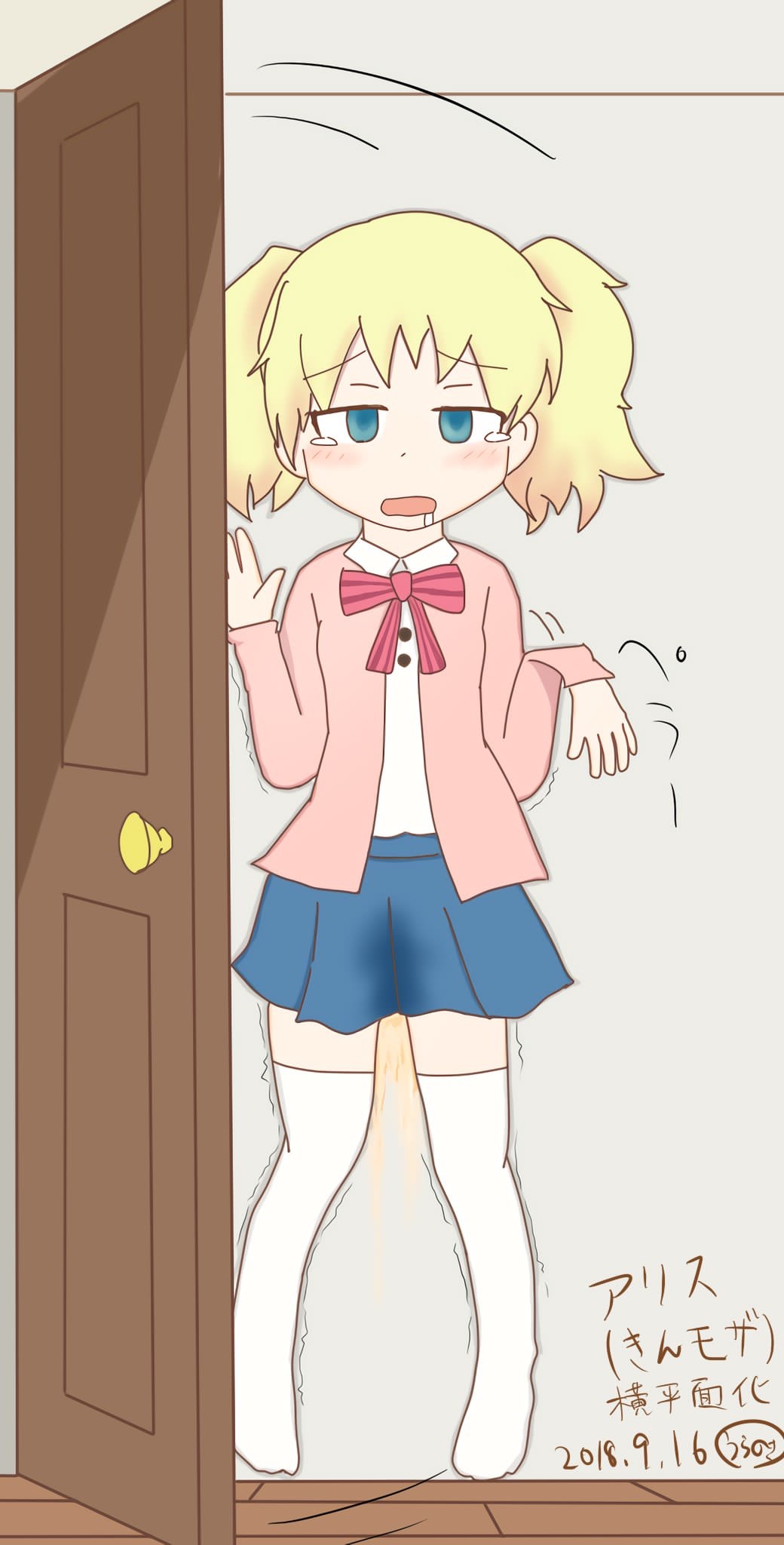 alice_cartelet artist_request blonde_hair blush dated door drooling flattened furrowed_eyebrows green_eyes half-closed_eyes have_to_pee highres indoors kin-iro_mosaic looking_at_viewer motion_lines no_shoes on_wall open_door open_mouth pee pee_stain peeing peeing_self peeling school_uniform signature solo source_request tears thighhighs translation_request trembling wall white_legwear zettai_ryouiki