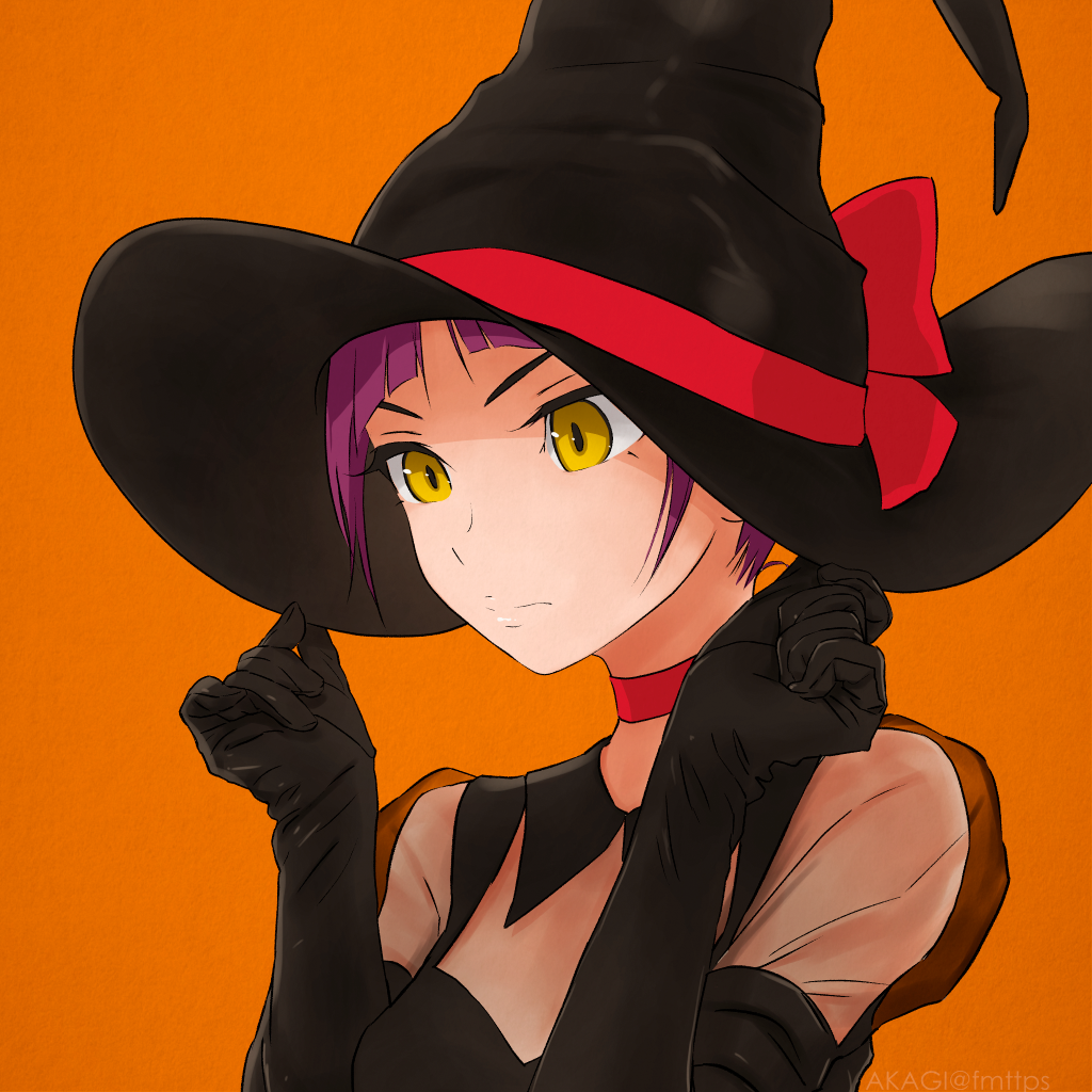 akagi_(fmttps) black_gloves bow choker elbow_gloves face gegege_no_kitarou gloves halloween hands_on_headwear hat hat_bow hat_tug nekomusume nekomusume_(gegege_no_kitarou_6) orange_background purple_hair red_bow red_choker see-through short_hair solo tug upper_body witch witch_hat yellow_eyes
