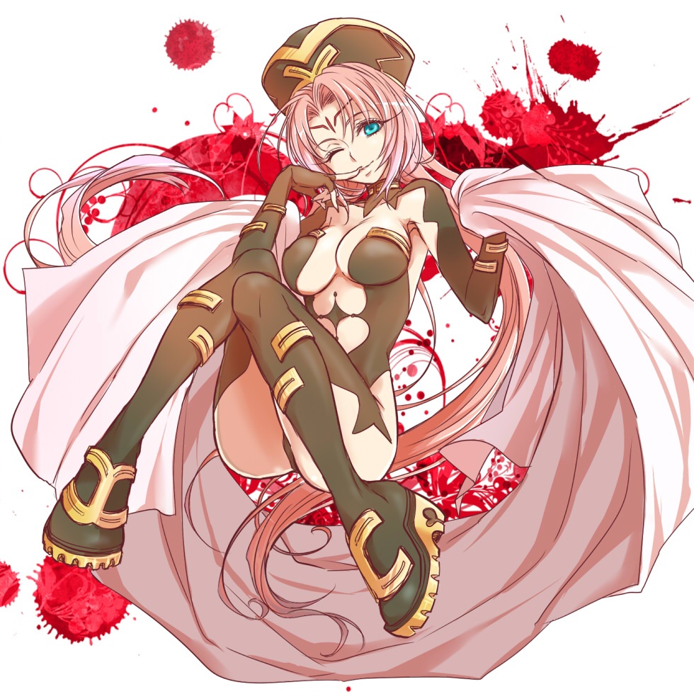 bangs blue_eyes boots breasts cleavage commentary_request finger_to_mouth full_body gloves hat houshin_engi impossible_clothes knees_together_feet_apart long_eyelashes long_hair looking_at_viewer one_eye_closed pink_hair shawl shinzou smile so_dakki solo thigh_boots thighhighs very_long_hair