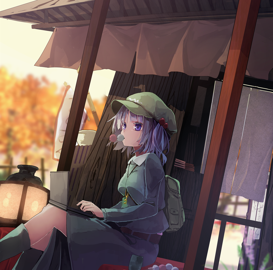autumn backpack bag blue_dress blue_eyes blue_footwear blue_hair blurry blurry_background boots breasts cabbie_hat colored_eyelashes commentary_request computer curtains dango dress dutch_angle feet_out_of_frame flower food food_in_mouth forest futatsuki_eru green_hat hat kawashiro_nitori key lantern laptop long_hair medium_breasts mouth_hold nature pot purple_flower sanshoku_dango short_hair sitting solo touhou two_side_up wagashi