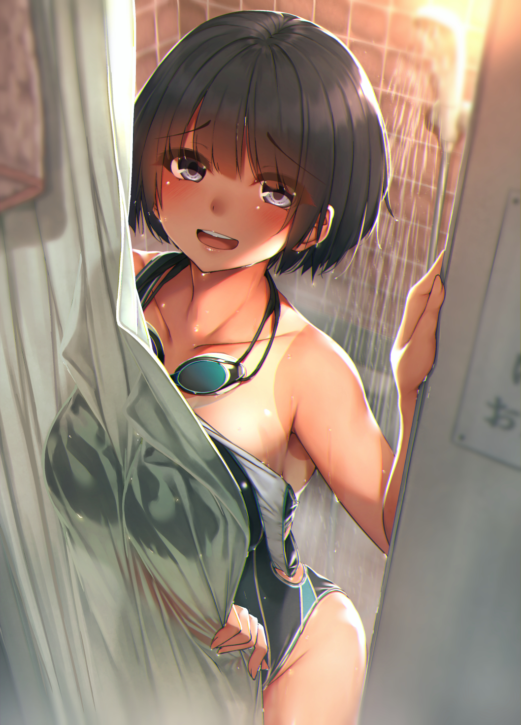 :d bangs bare_arms black_hair blue_eyes blush breasts collarbone commentary competition_swimsuit curtain_grab curtains eyebrows_visible_through_hair eyes_visible_through_hair goggles goggles_around_neck highres indoors large_breasts looking_at_viewer one-piece_swimsuit one-piece_tan open_mouth original rerrere round_teeth short_hair shower_(place) shower_curtain shower_head smile solo standing strap_slip swimsuit swimsuit_tan tan tanline teeth upper_teeth wet