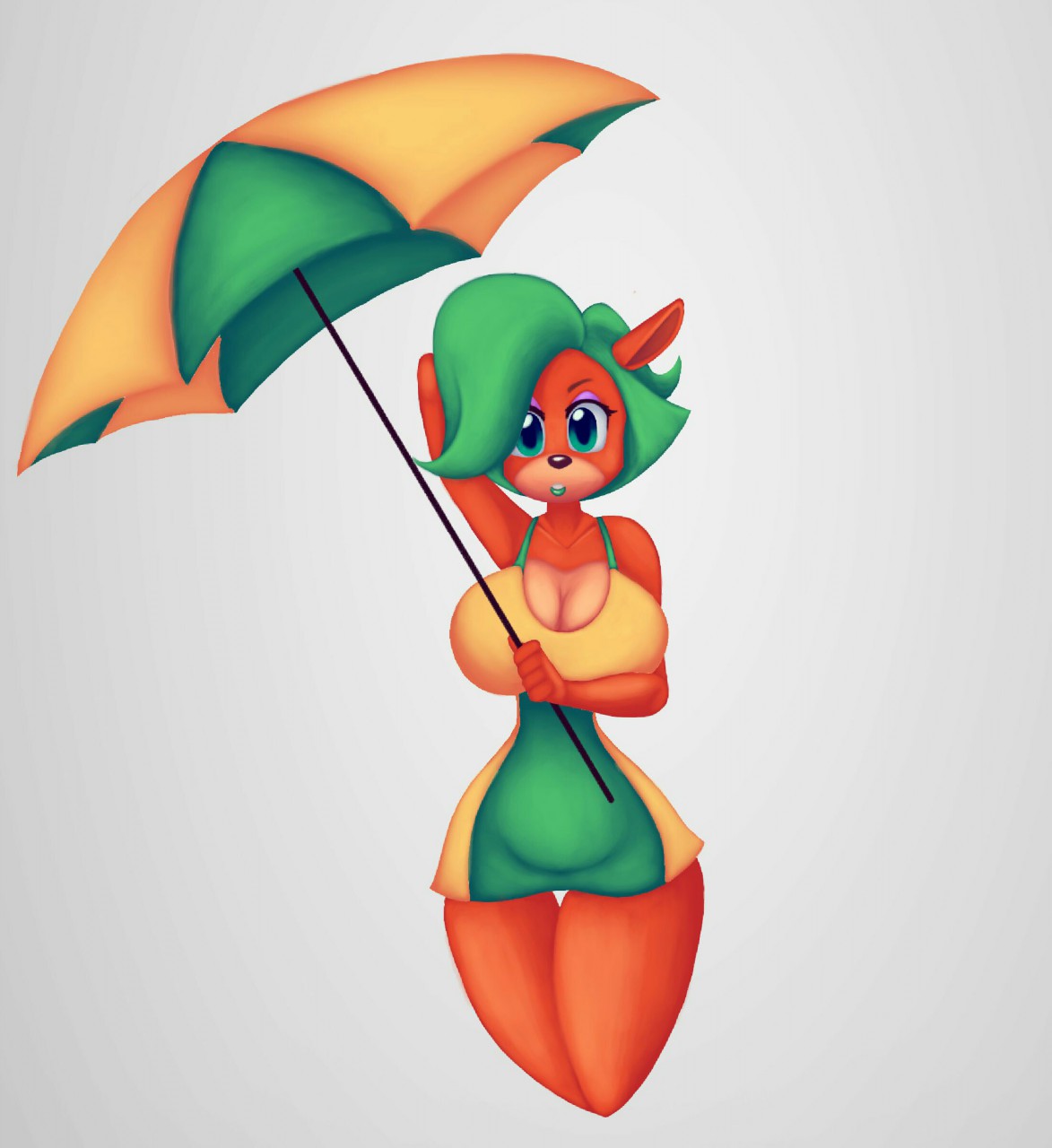 2016 ami_bandicoot anthro bandicoot bare_legs bare_shoulders big_breasts biped black_nose breasts cleavage clothed clothing crash_bandicoot_(series) crash_team_racing digital_drawing_(artwork) digital_media_(artwork) dress eyebrows eyelashes eyeshadow female fur green_eyes green_hair green_lipstick hair hand_behind_head hi_res holding_object holding_umbrella huge_breasts lipstick long_ear looking_at_viewer makeup mammal marsupial multicolored_fur open_mouth orange_fur race_queen sexy_doll short_hair simple_background solo standing thick_thighs two_tone_fur umbrella video_games