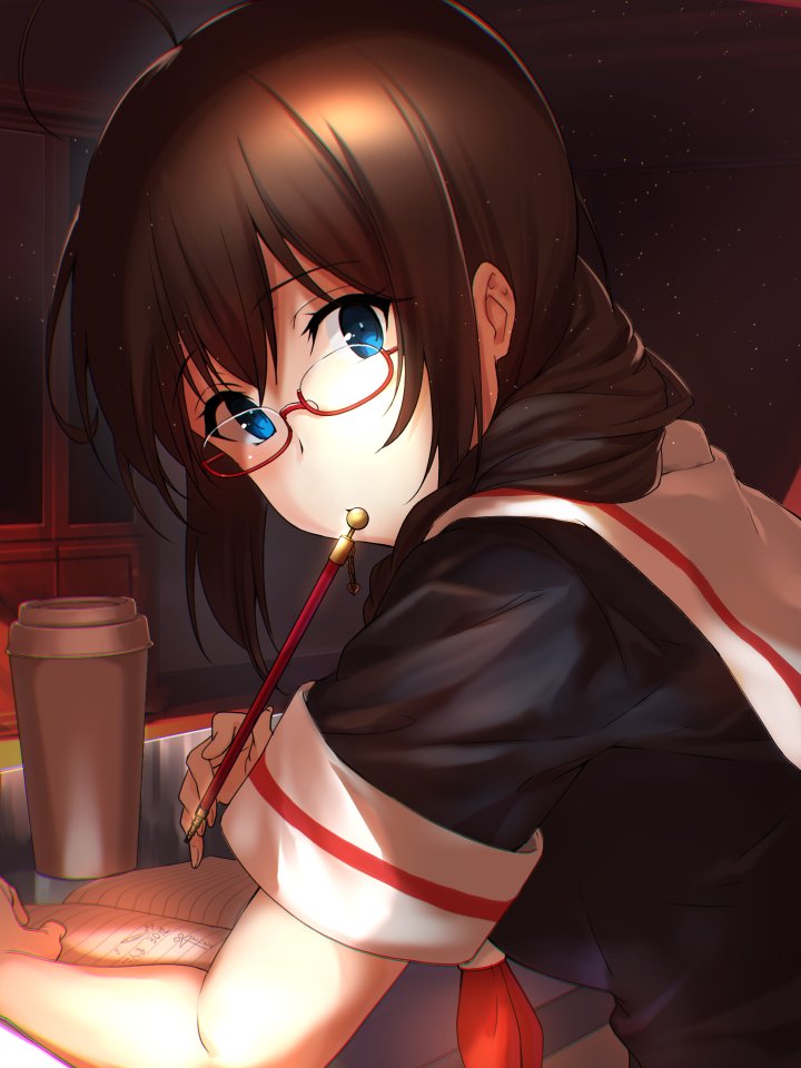 ahoge black_serafuku blue_eyes braid brown_hair cabinet coffee_cup commentary_request cup disposable_cup glasses hair_flaps hair_over_shoulder kantai_collection neckerchief notebook pen red_neckwear remodel_(kantai_collection) room school_uniform serafuku shigure_(kantai_collection) single_braid table youmou_usagi