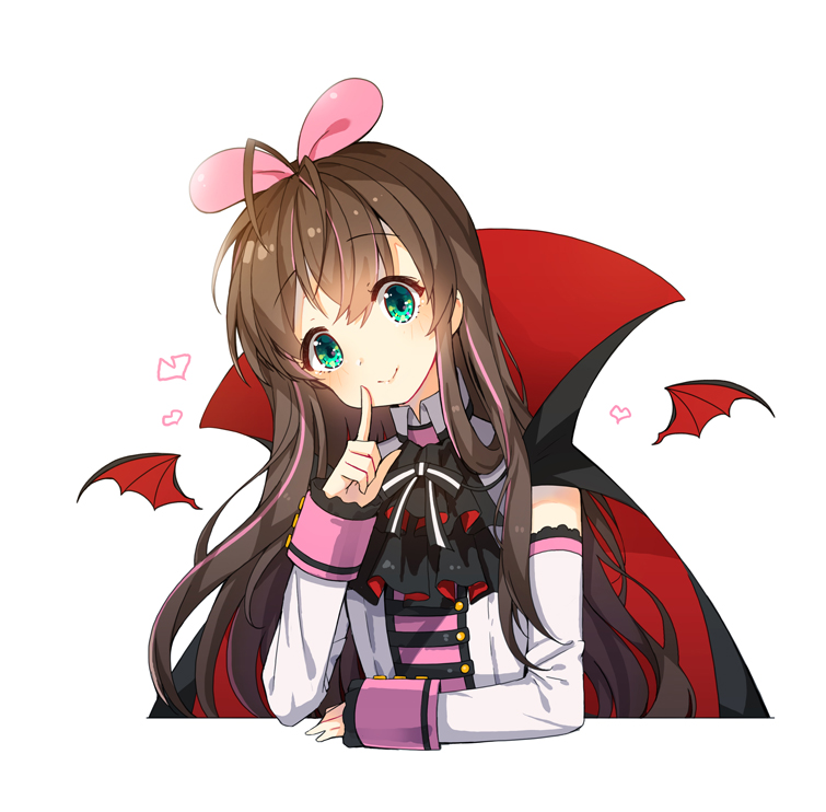 a.i._channel bangs bat_wings black_cape blush brown_hair cape closed_mouth collared_shirt commentary_request detached_sleeves detached_wings eyebrows_visible_through_hair green_eyes hair_between_eyes hair_ribbon halloween head_tilt heart high_collar kizuna_ai long_hair long_sleeves mini_wings multicolored multicolored_cape multicolored_clothes multicolored_hair pink_hair pink_ribbon red_cape red_wings ribbon shirt simple_background sleeveless sleeveless_shirt sleeves_past_wrists smile solo streaked_hair tp_(kido_94) upper_body virtual_youtuber white_background white_shirt white_sleeves wings