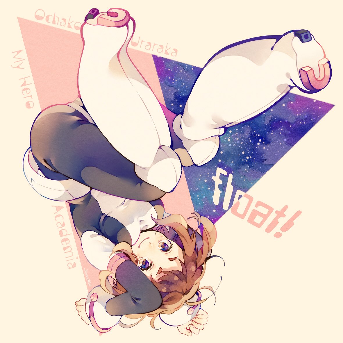 1girl blush bodysuit boku_no_hero_academia boots breasts brown_eyes brown_hair character_name commentary_request copyright_name edward-el english eyebrows floating knee_boots looking_at_viewer medium_breasts night short_eyebrows short_hair sky smile solo star_(sky) starry_sky upside-down uraraka_ochako