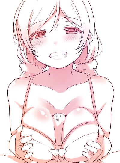 between_breasts blush breast_squeeze breasts collarbone commentary deyuuku eyebrows_visible_through_hair front-tie_bra grin hair_ornament hair_scrunchie hands_on_own_chest hetero large_breasts long_hair looking_at_viewer love_live! love_live!_school_idol_project monochrome paizuri penis pov scrunchie smile smiley_face solo_focus symbol_commentary toujou_nozomi twintails upper_body