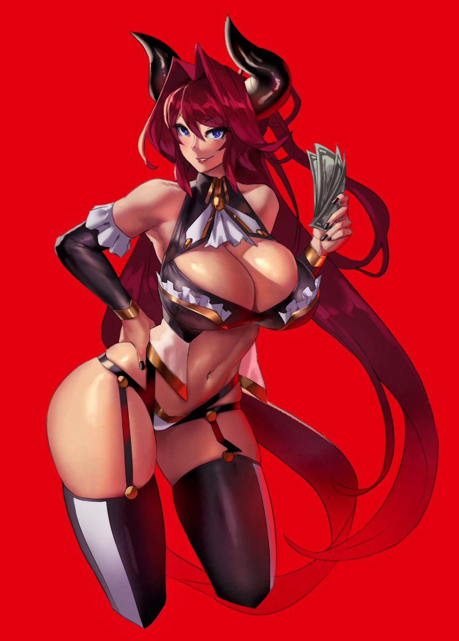 bare_shoulders black_garter_belt black_legwear black_nails black_sleeves blue_eyes breasts cleavage cleavage_cutout cropped_legs detached_sleeves eu03 frilled_sleeves frills garter_belt gold_trim hair_intakes hand_on_hip highres holding holding_money horns large_breasts long_hair long_sleeves looking_at_viewer nail_polish navel original parted_lips red_background red_hair revealing_clothes simple_background skindentation smile solo standing strap_gap thighhighs thighs tsunoko very_long_hair white_frills