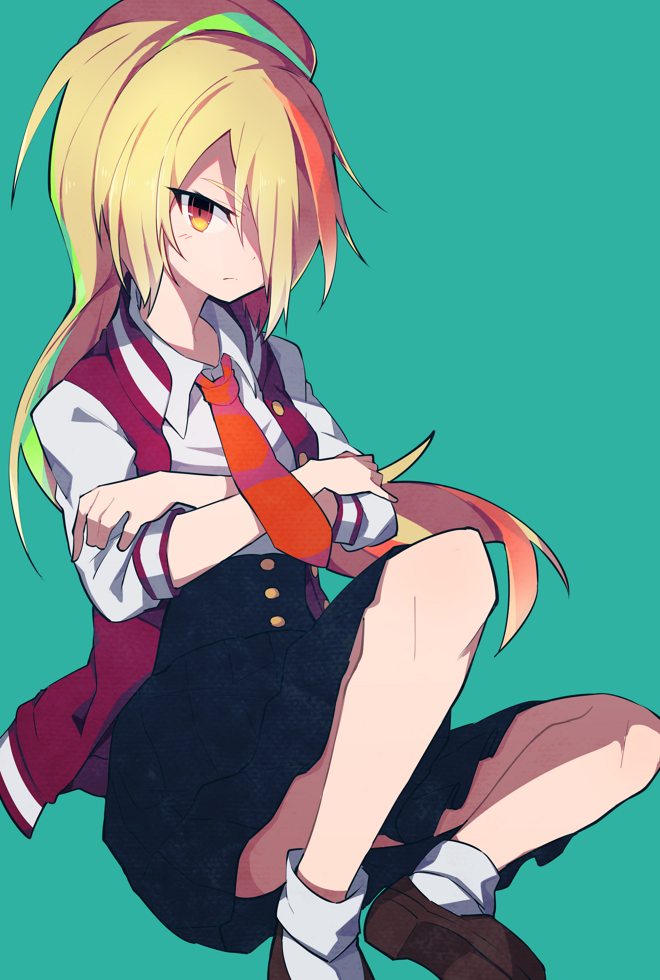 blonde_hair commentary_request crossed_arms green_background hair_over_one_eye high-waist_skirt jacket letterman_jacket long_hair multicolored_hair necktie nikaidou_saki ponytail sasa_onigiri school_uniform simple_background sitting skirt solo streaked_hair yellow_eyes zombie_land_saga