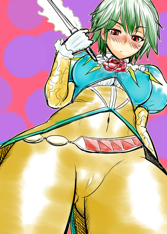 arioarimura asellus_(saga_frontier) breasts cameltoe closed_mouth commentary_request covered_navel covered_nipples dress gloves green_hair looking_at_viewer red_eyes saga saga_frontier short_hair solo weapon