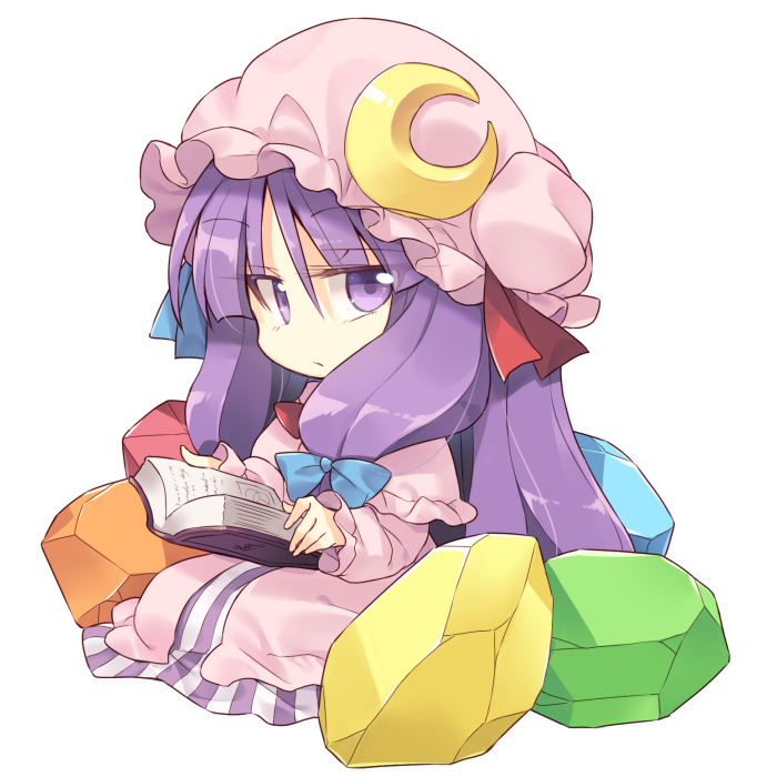 :/ book chibi crescent crescent_moon_pin crystal dress hair_ribbon hat holding holding_book long_hair looking_at_viewer mob_cap patchouli_knowledge purple_dress purple_eyes purple_hair reading ribbon satou_kibi sidelocks simple_background sitting solo striped striped_dress touhou tress_ribbon vertical_stripes very_long_hair white_background