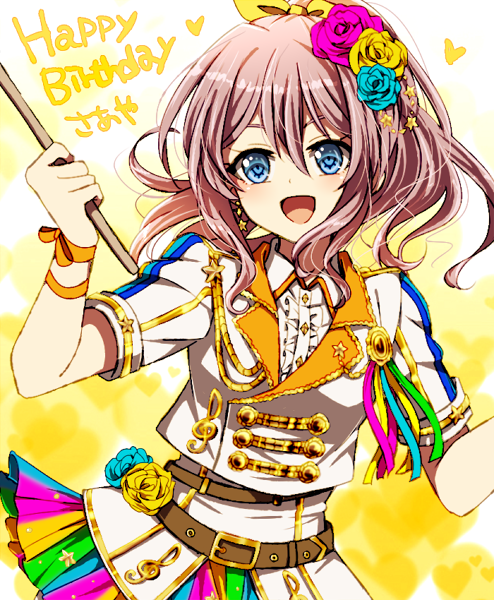 :d akasata bang_dream! bangs belt blue_eyes blue_flower blue_rose blush brown_hair center_frills character_name collared_shirt drumsticks earrings flower green_ribbon hair_flower hair_ornament hair_ribbon happy_birthday heart holding holding_instrument instrument jacket jewelry looking_at_viewer multicolored multicolored_clothes multicolored_skirt musical_note open_mouth orange_ribbon pink_flower pink_ribbon pink_rose ponytail ribbon rose shirt short_sleeves sidelocks skirt smile solo wrist_ribbon yamabuki_saaya yellow_flower yellow_ribbon yellow_rose