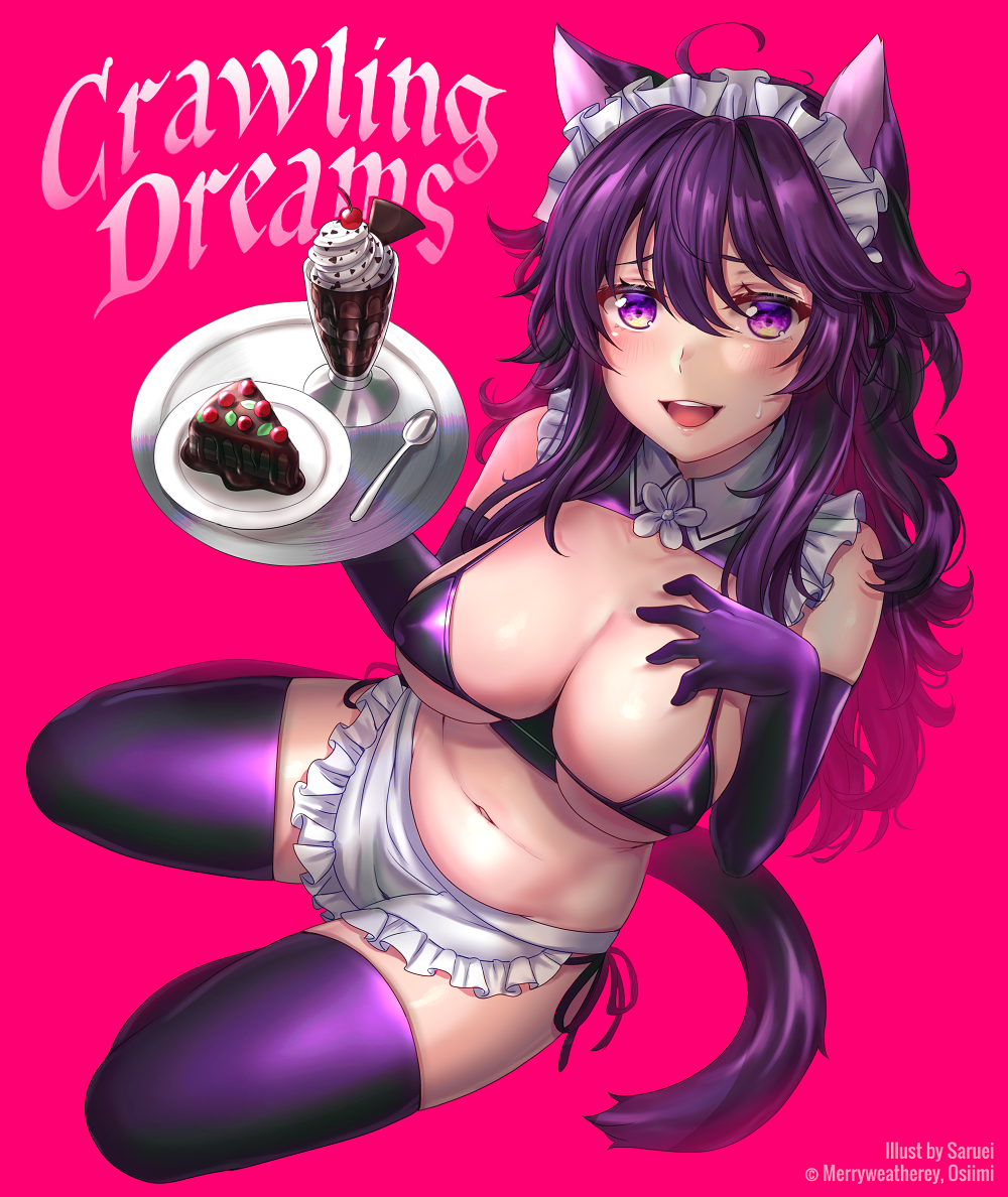 :d animal_ears apron bangs bikini bikini_top blush breasts cake cat_ears cleavage covered_nipples dessert detached_collar elbow_gloves food frills gloves hair_between_eyes holding holding_plate holding_tray large_breasts long_hair looking_at_viewer maid maid_apron maid_headdress navel open_mouth original parfait plate purple_bikini purple_eyes purple_hair saruei seiza sitting smile spoon sweatdrop swimsuit tail thighhighs tray