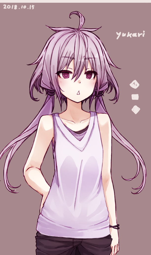 ahoge bangs bare_shoulders bracelet brown_background collarbone cowboy_shot dated eyebrows_visible_through_hair hachikuji hair_between_eyes hand_on_hip jewelry long_hair low_twintails open_mouth purple_eyes purple_hair shirt solo tank_top triangle_mouth twintails vocaloid voiceroid white_shirt yuzuki_yukari