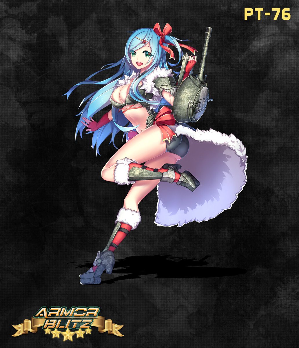 1girl armor_blitz ass blue_hair breasts cleavage full_body green_eyes ground_vehicle hair_ribbon large_breasts long_hair looking_at_viewer military military_vehicle motor_vehicle open_mouth pt_76 ribbon smile solo standing tagme tank
