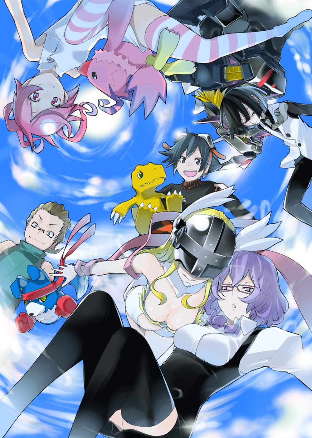 2girls 3boys agumon alternate_legwear angel angewomon armor bandai blackwargreymon blackwargreymon_x blue_eyes blue_hair curvy digimon digimon_world_re:digitize downblouse female gaomon glasses helmet kuga_yuuya mikagura_mirei multiple_boys multiple_girls nicolai_petrov nikolai_petrov official_art pantyhose piyomon purple_eyes purple_hair rindou_akiho sky smile taiga_(digimon) thighhighs twintails winged_helmet wings yasuda_suzuhito