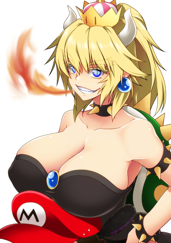 bangs bare_shoulders behind_another black_dress blonde_hair blue_earrings blue_eyes bowsette bracelet breast_rest breasts breasts_on_head breathing_fire brooch cabbie_hat cleavage collar collarbone colored_eyelashes crown dress eyebrows_visible_through_hair eyes_visible_through_hair fire grin hair_between_eyes hand_on_hip hat height_difference high_ponytail horns huge_breasts jewelry long_ponytail mario mario_(series) miyashiro_sousuke new_super_mario_bros._u_deluxe red_hat sharp_teeth shiny shiny_hair shiny_skin sidelocks simple_background slit_pupils smile solo spiked_bracelet spiked_collar spiked_shell spikes strapless strapless_dress super_crown teeth thick_eyebrows white_background