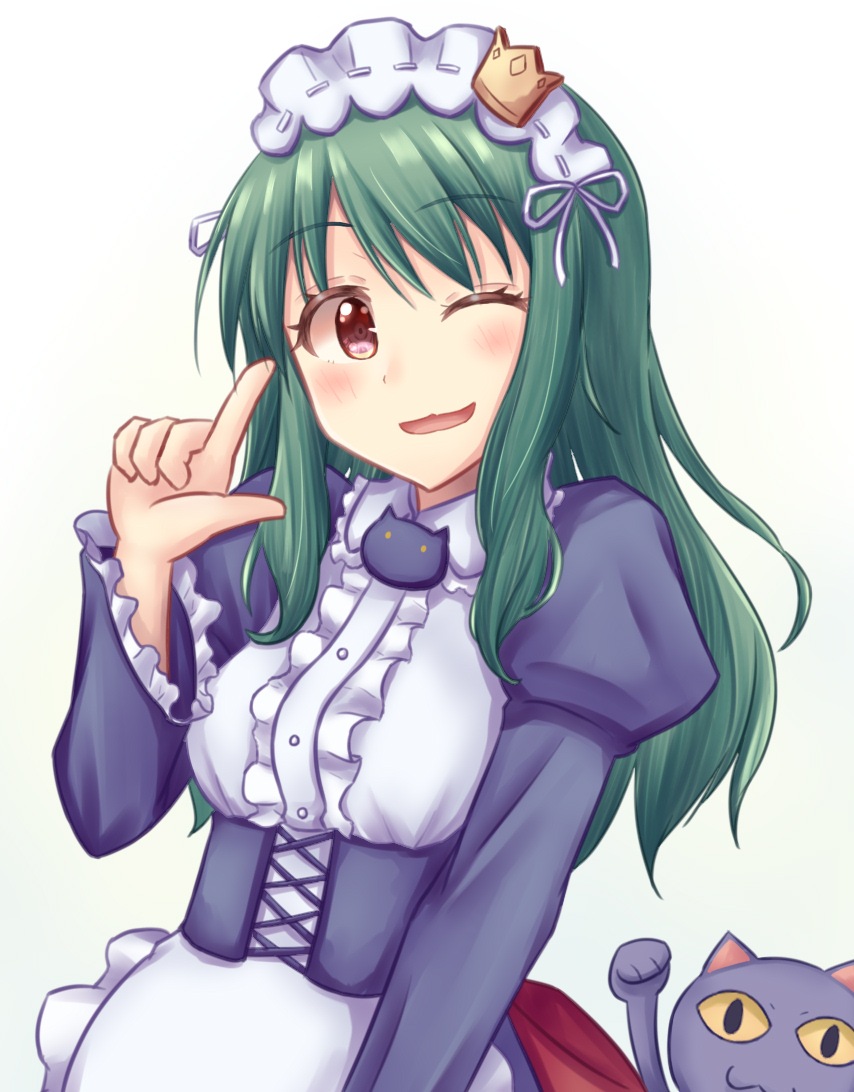;d blush brown_eyes cat crown eyebrows_visible_through_hair frills green_hair hairband hand_up index_finger_raised kuroi_ginko long_hair long_sleeves maid maid_headdress minakami_mimimi mini_crown one_eye_closed open_mouth planet_with puffy_long_sleeves puffy_sleeves sensei_(planet_with) sidelocks simple_background smile solo upper_body yellow_sclera