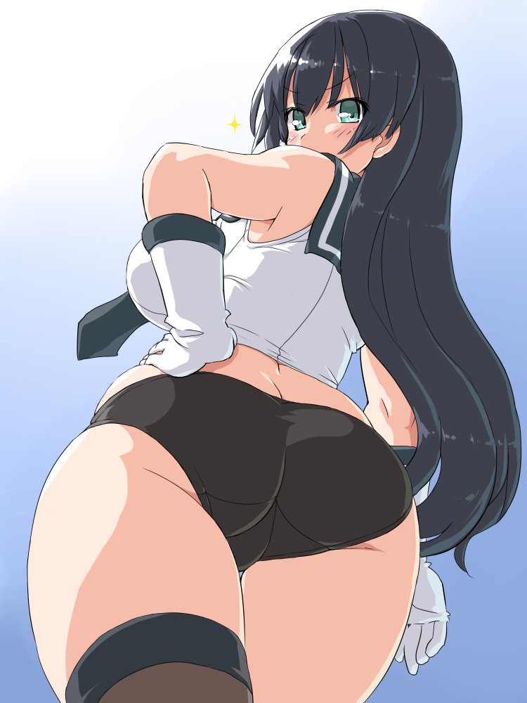 agano_(kantai_collection) ass asymmetrical_legwear black_hair black_panties blush breasts commentary_request cowboy_shot dd_(ijigendd) from_behind gloves green_eyes hand_on_hip kantai_collection large_breasts long_hair looking_at_viewer looking_back midriff no_pants panties pleated_skirt plump school_uniform serafuku sideboob single_thighhigh skirt sleeveless solo standing thighhighs thighs underwear white_gloves
