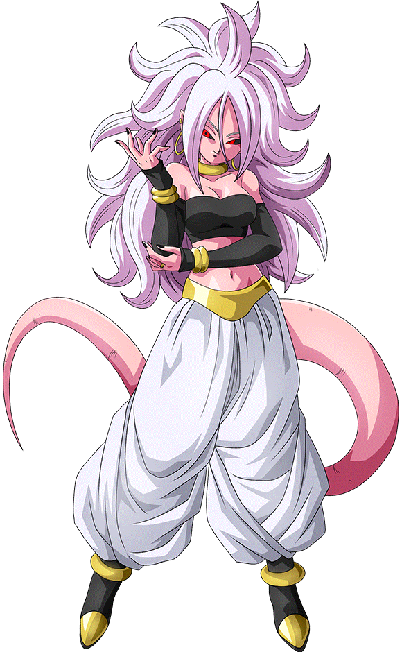 &lt;maxiuchiha22&gt; android_21 black_sclera bracelet breasts cleavage curly_hair dragon_ball dragon_ball_fighterz earrings harem_pants hoop_earrings jewelry large_breasts long_hair majin_android_21 nail_polish navel pants pink_skin pointy_ears red_eyes render smile solo tail white_hair white_pants