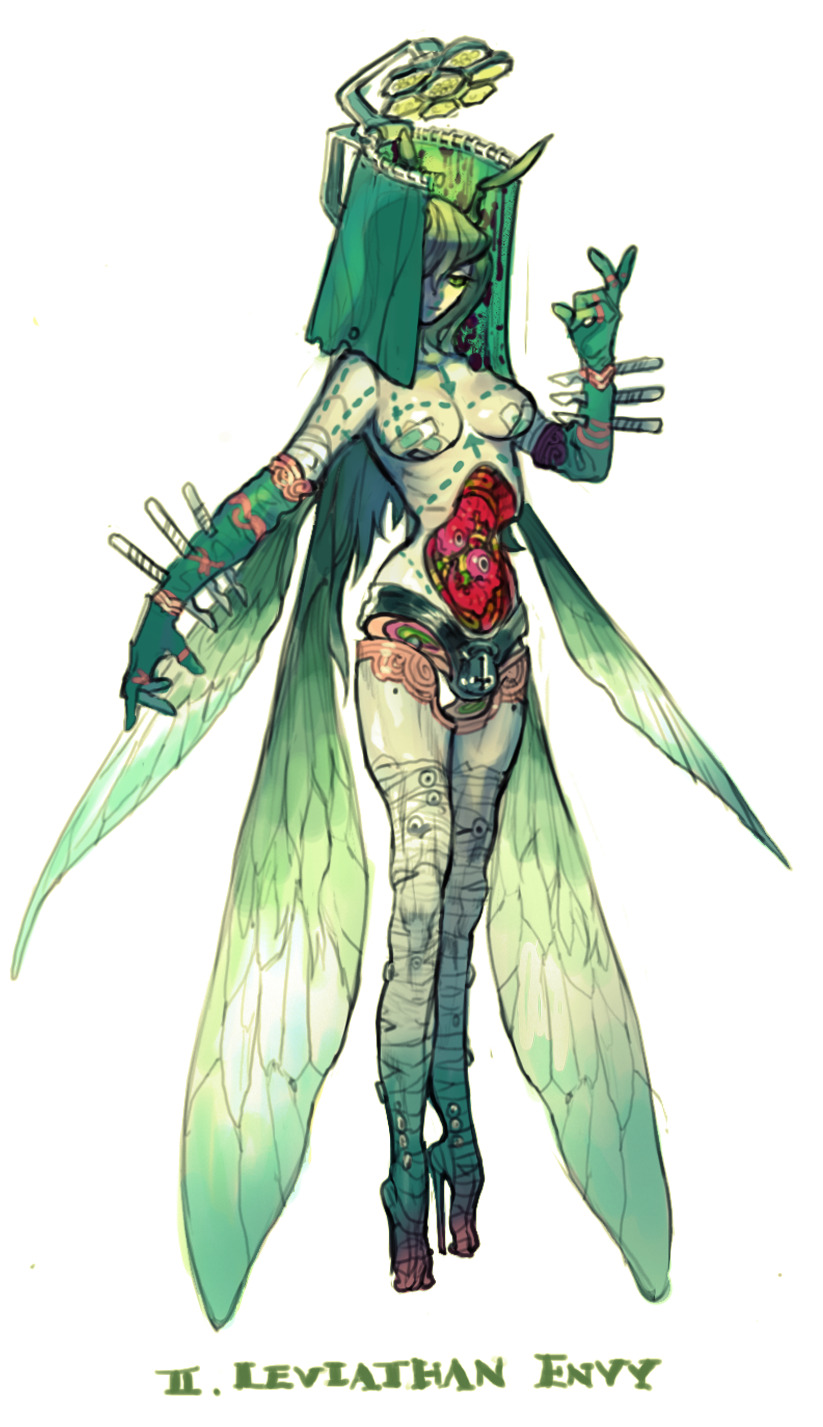 antennae bandaid_on_breast blood chastity_belt commentary curtains green_eyes green_hair high_heels highres insect_girl insect_wings knife organs original pigeon666 scalpel scar seven_deadly_sins shower_curtain standing wings