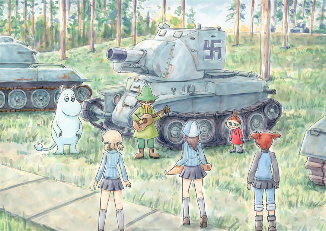 4girls aki_(girls_und_panzer) ankle_boots bangs blue_footwear blue_hat blue_jacket blue_pants blue_shirt blue_skirt blue_sky boots brown_hair bt-42 carrying cloud cloudy_sky commentary_request day emblem forest girls_und_panzer grass grey_legwear grey_skirt ground_vehicle guitar hair_tie hat holding holding_instrument instrument jacket kantele keizoku_military_uniform keizoku_school_uniform light_brown_hair little_my loafers long_hair long_sleeves looking_at_another mika_(girls_und_panzer) mikko_(girls_und_panzer) military military_uniform military_vehicle miniskirt moomintroll motor_vehicle multiple_girls namesake nature omachi_(slabco) outdoors pants pants_rolled_up pants_under_skirt partial_commentary pleated_skirt raglan_sleeves red_hair school_uniform shirt shoes short_hair short_twintails skirt sky snufkin socks standing striped striped_shirt swastika t-34 tank track_jacket track_pants tree twintails uniform vertical-striped_shirt vertical_stripes