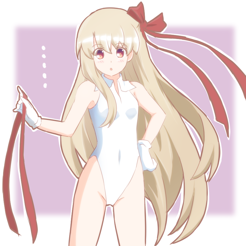 1girl :o atair bare_shoulders bb_(fate)_(all) bb_(swimsuit_mooncancer)_(fate) bb_(swimsuit_mooncancer)_(fate)_(cosplay) blonde_hair breasts commentary_request cosplay eyebrows_visible_through_hair fate/grand_order fate/kaleid_liner_prisma_illya fate_(series) gloves hair_ribbon hand_on_hip highleg highleg_leotard holding holding_ribbon illyasviel_von_einzbern legs_apart leotard long_hair looking_at_viewer outline purple_background red_ribbon ribbon simple_background small_breasts solo very_long_hair white_gloves white_leotard white_outline