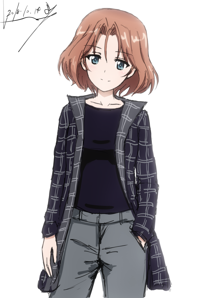 artist_name azumi_(girls_und_panzer) bangs black_coat black_shirt blue_eyes brown_hair bukkuri casual closed_mouth commentary_request cowboy_shot dated eyebrows_visible_through_hair girls_und_panzer grey_pants hand_in_pocket head_tilt long_sleeves looking_at_viewer pants parted_bangs shirt short_hair signature simple_background smile solo standing white_background