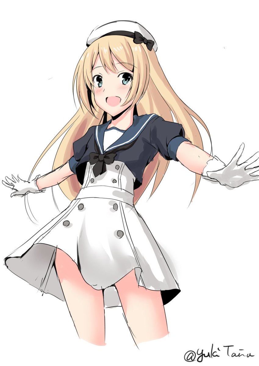 blonde_hair blue_eyes blue_sailor_collar cropped_legs dress gloves hat highres jervis_(kantai_collection) kantai_collection long_hair looking_at_viewer open_mouth outstretched_arms sailor_collar sailor_dress sailor_hat short_sleeves simple_background smile solo taira_yuuki twitter_username white_background white_dress white_gloves white_hat