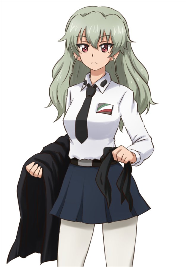 alternate_hairstyle anchovy anzio_school_uniform bangs belt black_belt black_cape black_neckwear black_ribbon black_skirt cape cape_removed closed_mouth commentary cowboy_shot dress_shirt drill_hair emblem eyebrows_visible_through_hair frown girls_und_panzer green_hair hair_down hair_ribbon holding holding_cape holding_ribbon long_hair long_sleeves looking_at_viewer miniskirt necktie omachi_(slabco) pantyhose pleated_skirt red_eyes ribbon school_uniform shirt simple_background skirt solo standing twin_drills twintails white_background white_legwear white_shirt wing_collar