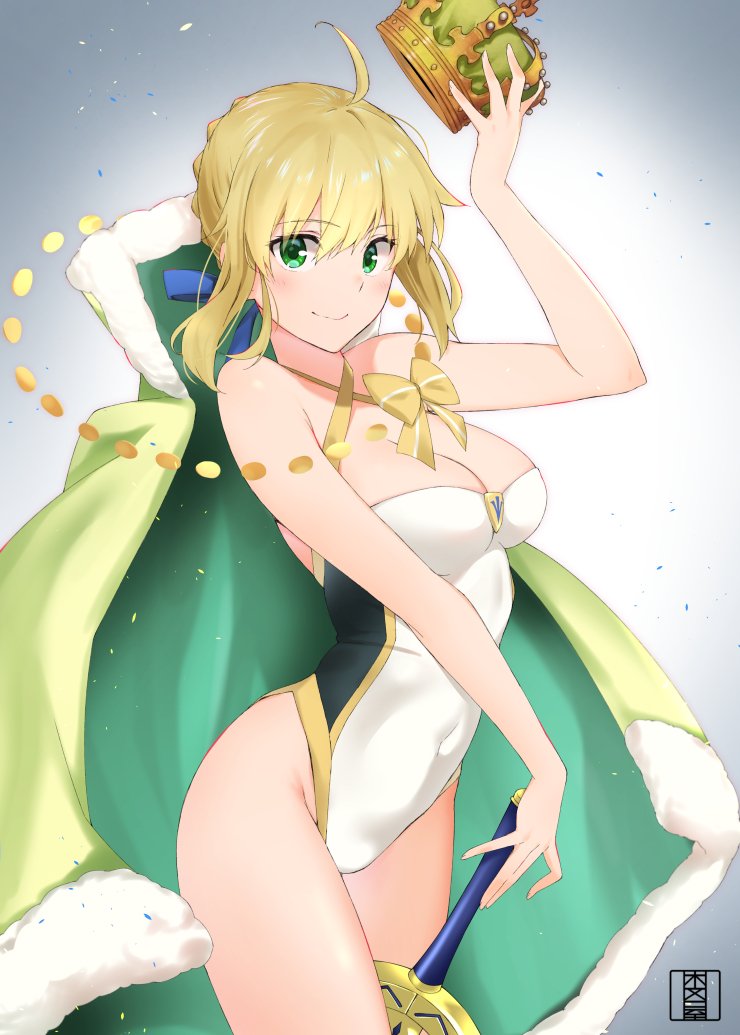 ahoge artist_logo artoria_pendragon_(all) artoria_pendragon_(swimsuit_archer) blonde_hair breasts cape casual_one-piece_swimsuit commentary_request cowboy_shot crown fate/grand_order fate_(series) fur-trimmed_cape fur_trim gradient gradient_background green_eyes grey_background looking_at_viewer medium_breasts murio one-piece_swimsuit solo strapless strapless_swimsuit swimsuit sword weapon white_swimsuit